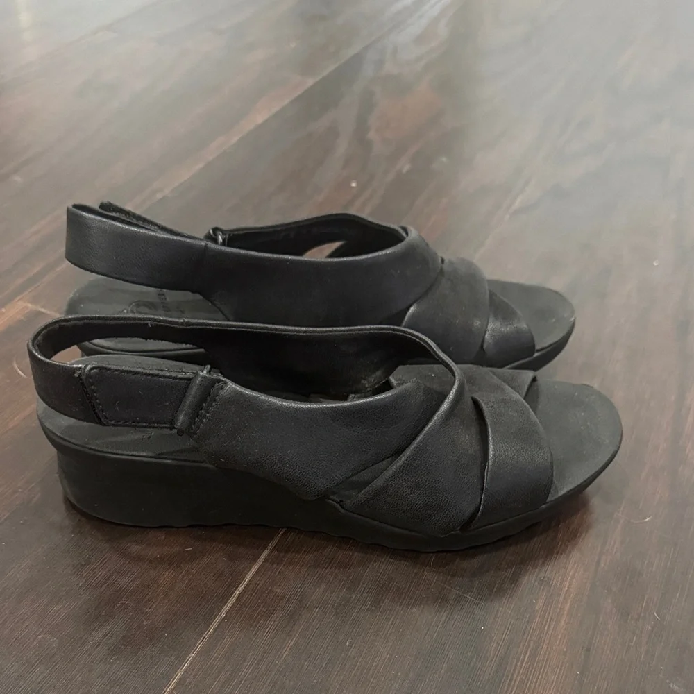 Cloudsteppers by Clarks Black Wedge Sandals | Good Used Condition